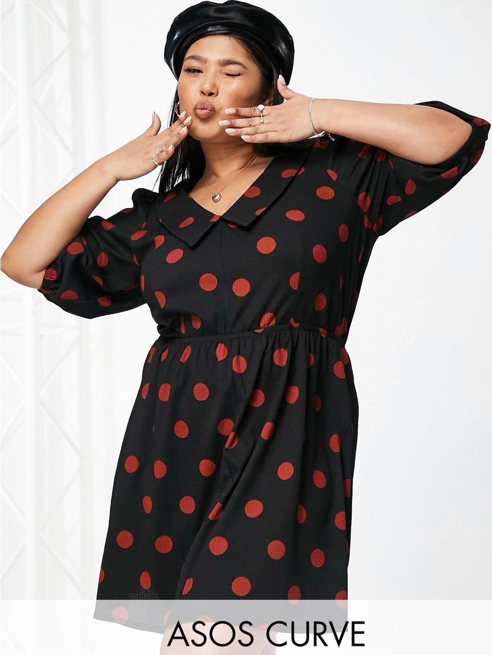 ASOS Curve Stretch Mini Shirt Dress in Black and Red Spots